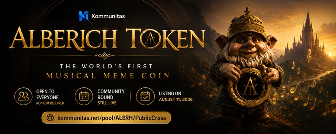 A banner for 'ALBERICH TOKEN' by 'Kommunitas', advertised as 'THE WORLD'S FIRST MUSICAL MEME COIN', featuring a dwarf character holding a coin, with listing on August 11, 2026.