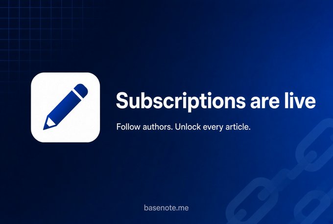 A promotional graphic for basenote.me announcing "Subscriptions are live" with text "Follow authors. Unlock every article," featuring a pencil icon on a blue background with link symbols.