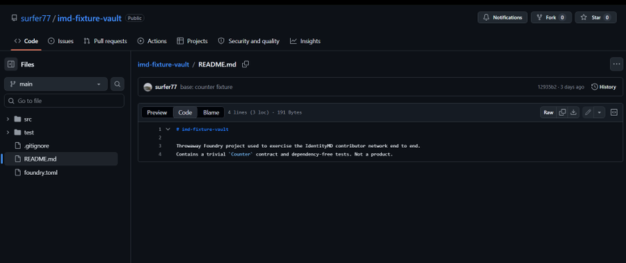 A screenshot of the GitHub repository "surfer77/imd-fixture-vault" displaying its README.md file, which states it is a "Throwaway foundry project used to exercise the IdentityMD contributor network end to end" containing a trivial "Counter" contract. The image illustrates Adam's pivot away from the original $IMD NFT developer license concept toward a broader IdentityMD ecosystem focused on participation passes and digital identities, as reflected in this test/exercise repository rather than a production product.