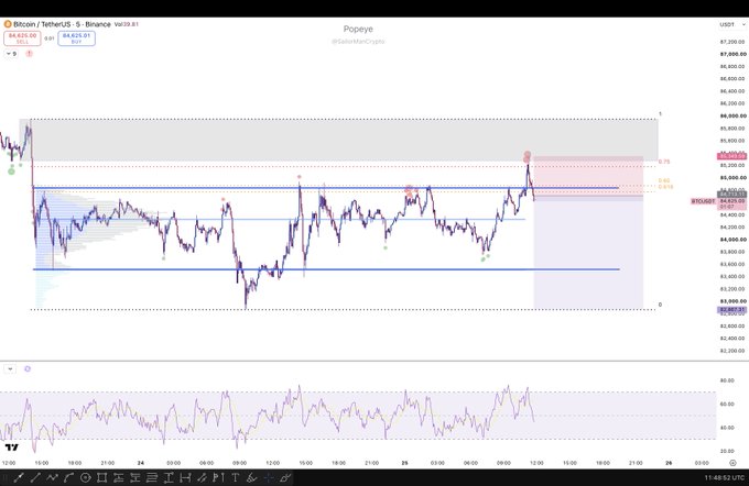 Bitcoin/TetherUS (BTCUSDT) 5-minute chart on Binance showing price around $84,620 with technical analysis levels and indicators marked.
