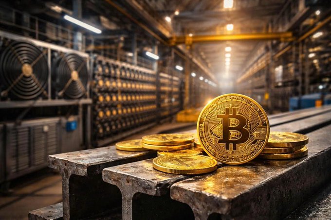 Several physical gold-colored Bitcoin tokens resting on dark metal beams inside an industrial facility filled with rows of mining equipment and cooling fans.