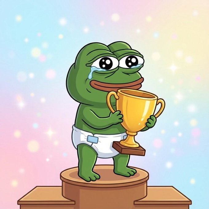 The image features a cartoon frog holding a gold trophy with both hands while standing on a pedestal. The frog appears to be crying, which adds an emotional touch to the scene. The caption below the image provides information about the gold token that was just locked onto the account and mentions that it is worth 2,980,934 tokens or $BEPE.