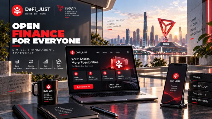 A promotional advertisement for 'DeFi_JUST' built on TRON, displaying the slogan 'OPEN FINANCE FOR EVERYONE - SIMPLE, TRANSPARENT, ACCESSIBLE' across a laptop, phone, and mug, with a city skyline and TRON logo in the background.