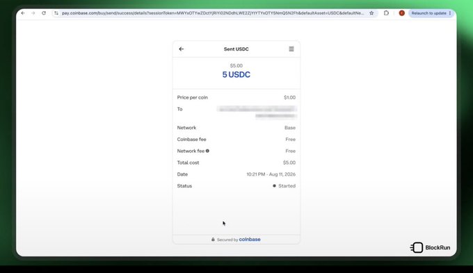 Coinbase transaction screen showing a 'Sent USDC' receipt for 5 USDC ($5.00) on the Base network with free network fees.