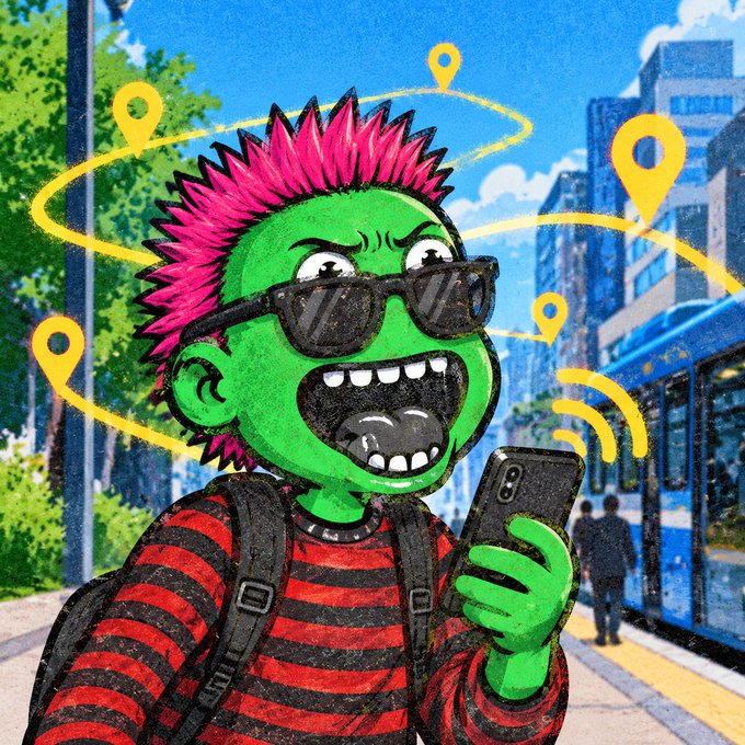 A green-skinned punk with a pink mohawk and sunglasses excitedly shouts while holding up a phone displaying a location signal, surrounded by yellow location pins and connection trails overlaying an urban street scene with a blue bus.

The illustration visually echoes the post's message: the character embodies the "explorer" persona, with the location pins and connecting lines representing the transparent chain of traceability—from capture fingerprint to Merkle batch to EAS attestation—that Vangrid's interface offers without demanding blind trust.