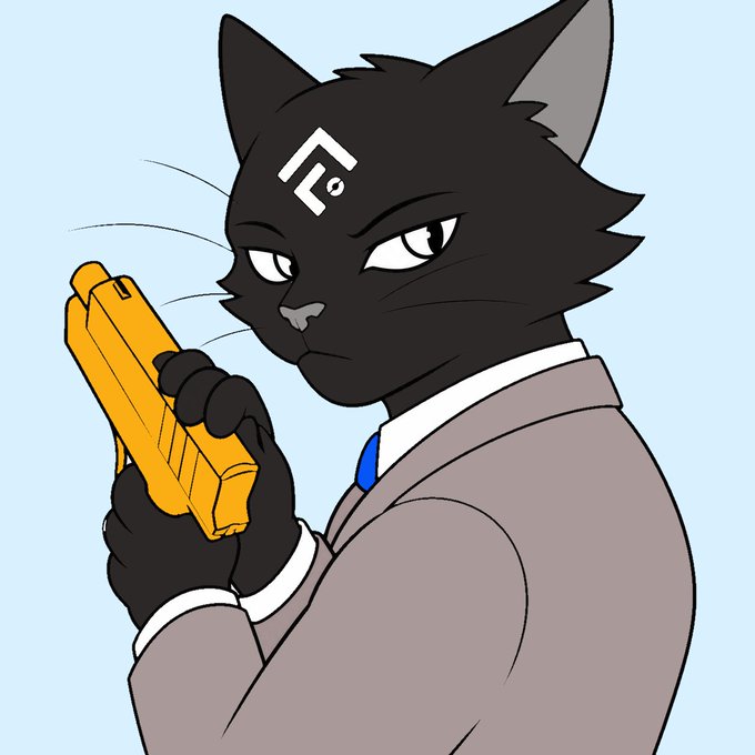 An anime-style illustration of a black cat wearing a gray suit and blue tie, holding a yellow gun, with a white logo on its forehead.