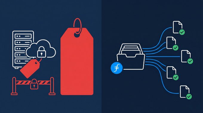 A comparison of two storage methods for files, showing that a Glacier instance costs $100 per month while a Cloud service with Filecoin offers an instant, 90x penalty-free access to your own data by storing file content-addressed securely on its blockchain technology. The image seems unrelated but might be a reference or visual element within the post about storage methods and services for files in the cloud.