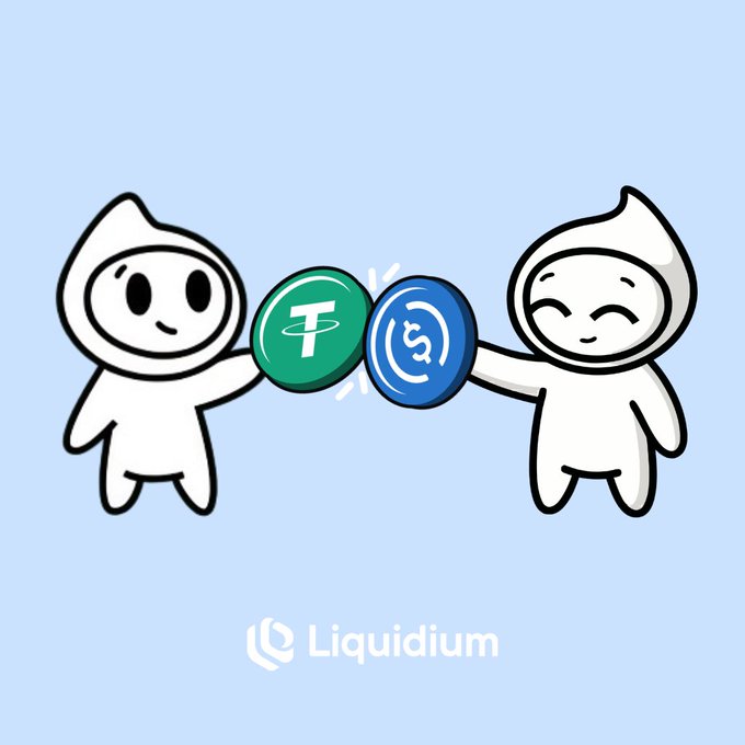 Two simple white cartoon characters hold up green and blue coin tokens labeled with symbols, with 'Liquidium' branding visible at the bottom.
