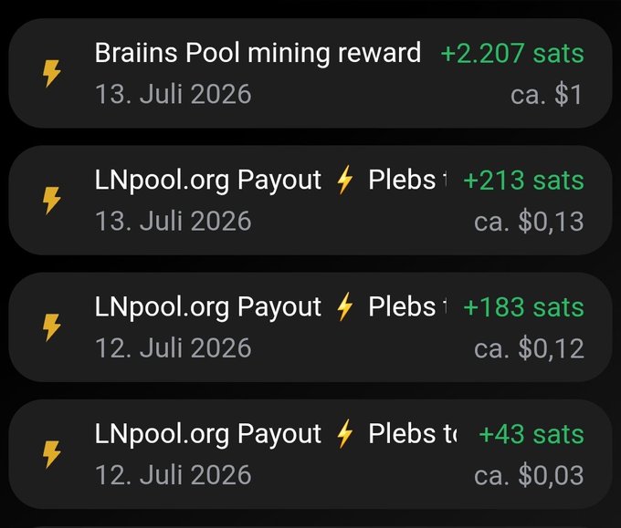 A mobile app screenshot showing Bitcoin Lightning mining payouts, including 'Brains Pool mining reward +2.207 sats (ca. $1)' from July 13, 2026, and 'LNpool.org Payout ⚡ Plebs' transactions of +213, +183, and +43 sats.
