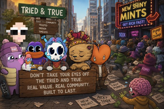 A cartoon illustration contrasts characters on a 'TRIED & TRUE' side promoting 'REAL VALUE. REAL COMMUNITY. BUILT TO LAST' against a 'NEW SHINY MINTS' side advertising 'GET RICH FAST!' and 'PUMP & DUMP'.