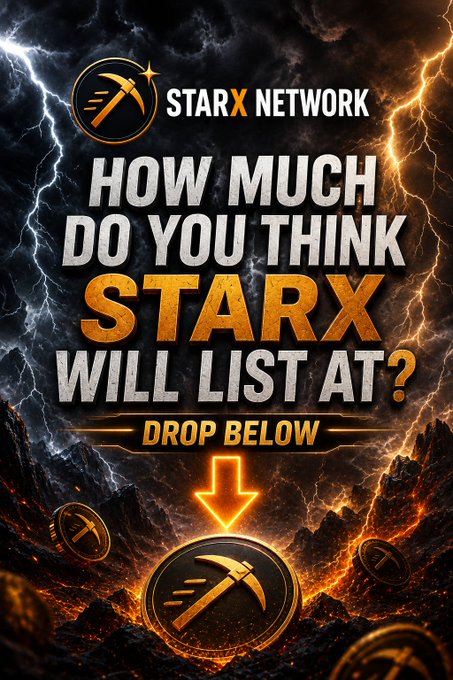 A dramatic promotional graphic for the StarX Network featuring fiery lightning and floating STRX coins in a volcanic landscape, with bold text reading "STARX NETWORK – HOW MUCH DO YOU THINK STARX WILL LIST AT? DROP BELOW" and a glowing arrow directing viewers to comment their price predictions for the upcoming DEX listing.