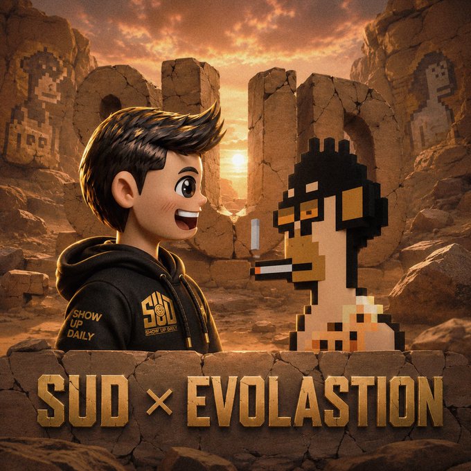 A digital illustration featuring a 3D animated boy with spiky hair wearing a 'SUD' hoodie next to a pixelated character, set against a rocky background with the text 'SUD × EVOLASTION' prominently displayed.