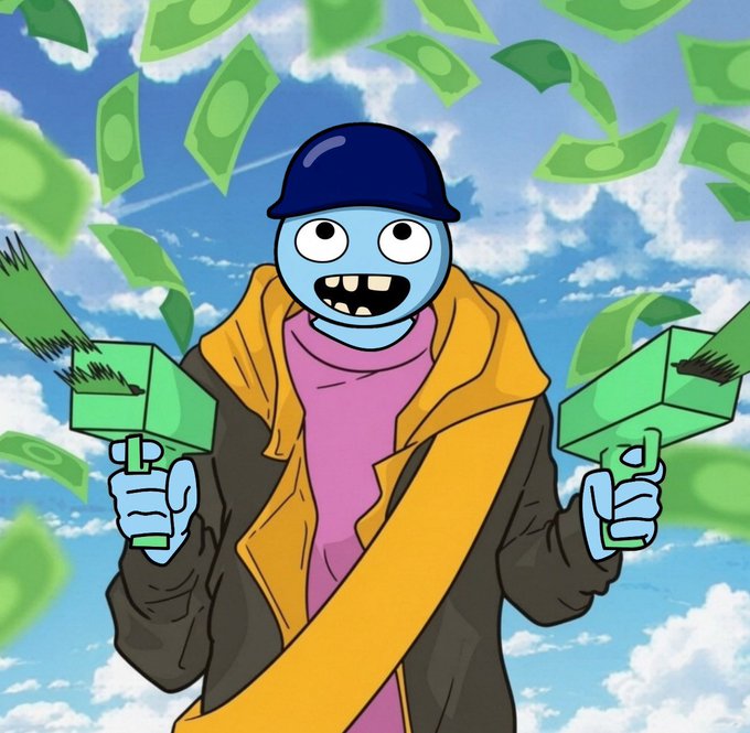 A cartoon-style illustration shows a blue character wearing a blue cap, a yellow hooded jacket, and a pink shirt, holding two green money guns that are shooting out paper bills against a sky background.
