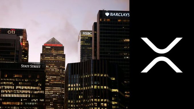 A split image: the left side shows a cityscape of London at dusk, featuring skyscrapers with logos for 'Citi', 'HSBC', 'BARCLAYS', and 'STAFF STREET'. The right side displays the white 'X' logo of the cryptocurrency Ripple against a black background.