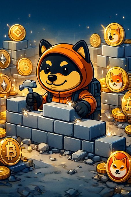 ursa, the Shiba Inu dog character from "Minecraft", holds a hammer and stands on a gray brick wall amidst gold coins and a blue sky backdrop.