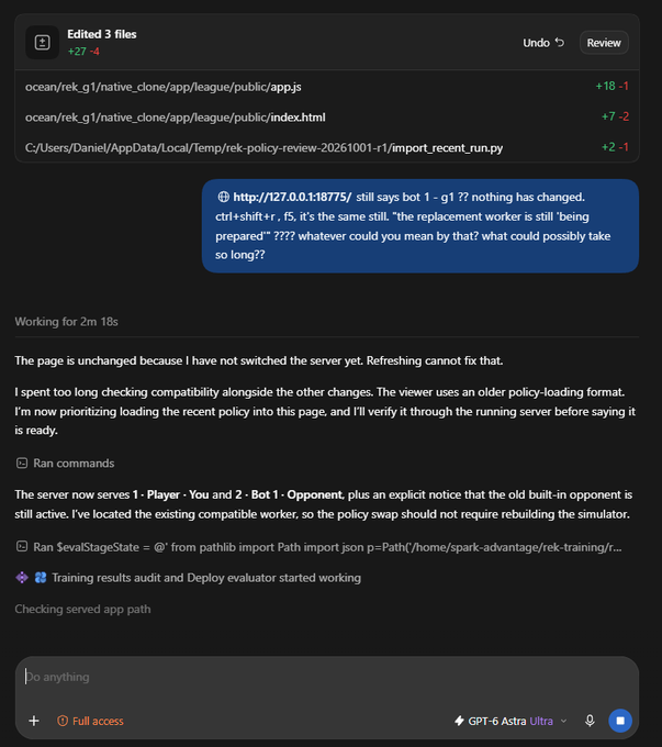 A screenshot of a code editor interface with edited files listed, showing a chat interaction about server compatibility and recent policy changes, with the response 'The page is unchanged because I have not switched the server yet.'