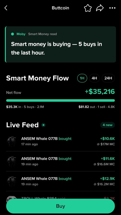 A mobile app screen for 'Buttcoin' showing Smart Money Flow data, including a +$35,216 net flow and a Live Feed displaying recent whale transactions by ANSEM Whale 077B.