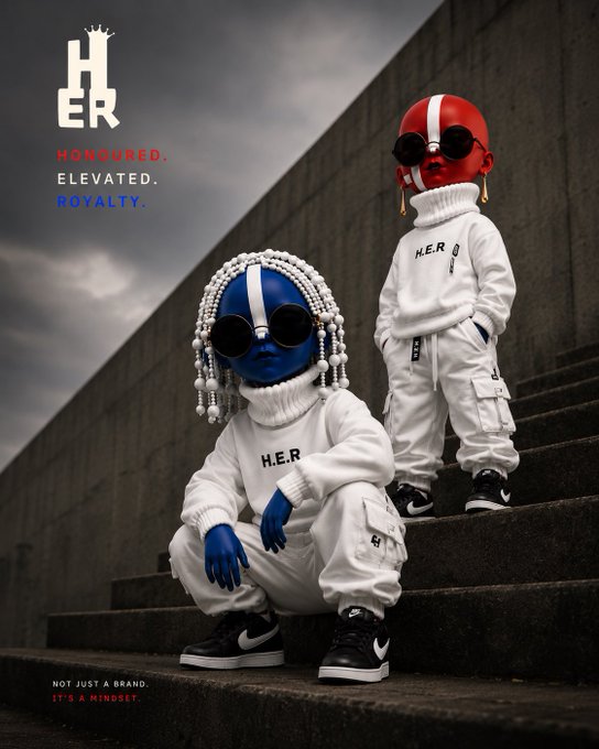 A streetwear advertisement for the brand 'H.E.R' features two figures in white outfits with blue and red painted faces, posing on concrete steps with the tagline 'HONOURED. ELEVATED. ROYALTY.'