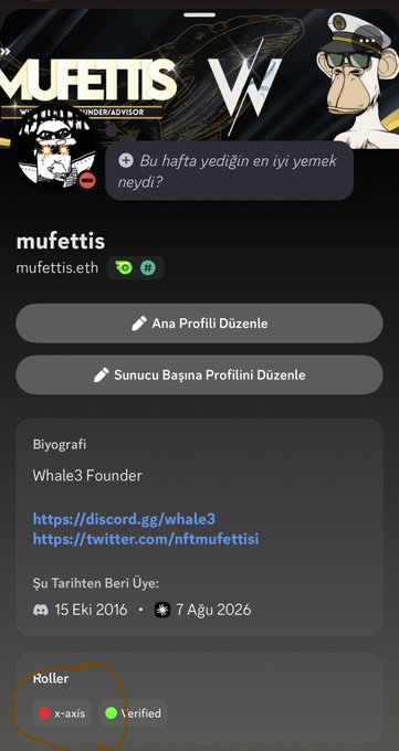 The image shows a Discord profile page for "mufettis" (mufettis.eth), featuring their biography identifying them as "Whale3 Founder" with links to discord.gg/whale3 and twitter.com/nftmufettisi, joined October 15, 2016, and displaying a circled "x-axis" role among their roles. The highlighted "x-axis" role directly corresponds to the contest mentioned in the post, which awards the @axisrobotics Discord role to winners of the Axis Türkiye Community Exclusive Content Contest.
