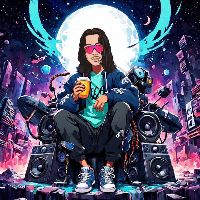 An anime-style illustration shows a young person with sunglasses sitting on a throne of speakers under a full moon in a futuristic cityscape, holding a coffee cup.
