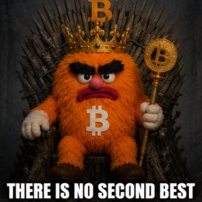 An orange furry monster wearing a Bitcoin crown and holding a Bitcoin scepter sits on a throne of swords, with the text 'THERE IS NO SECOND BEST' below.
