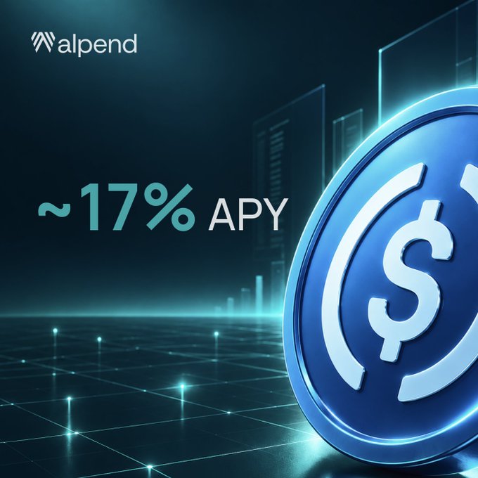 Crypto/DeFi advertisement from 'alpend' showing '~17% APY' with a large blue USDC token coin on a digital grid background.