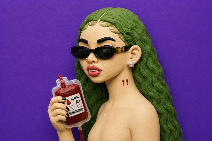 The image depicts a stylized 3D illustration of a woman with green hair and dark sunglasses, holding a bag of blood labeled "BLOOD A+" that appears to be dripping from her neck, suggesting a vampire theme. This connects to the post about a wallet vote ending, hinting at a vampire-themed NFT collection on the Ink Onchain network, with an OpenSea mint link to follow.