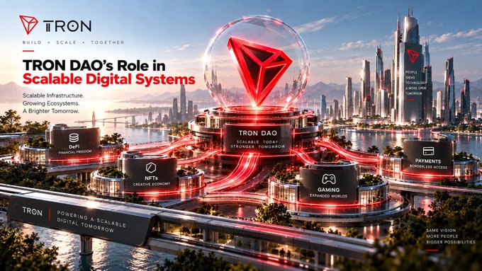 A promotional graphic for "TRON DAO's Role in Scalable Digital Systems" showing a futuristic cityscape with a glowing red TRON diamond logo and icons for DeFi, NFTs, Gaming, and Payments.