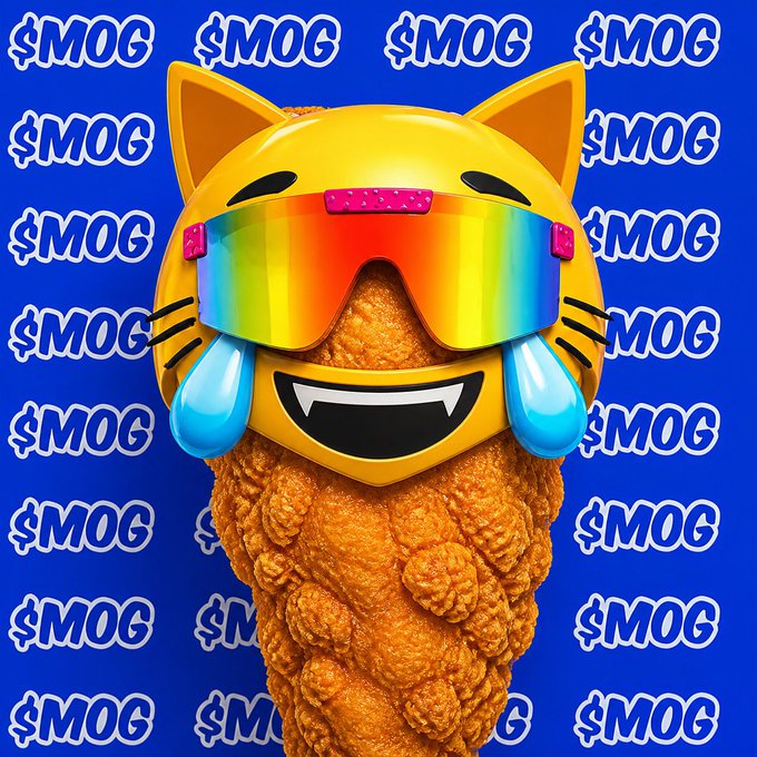 A vibrant digital artwork shows a golden cat emoji wearing rainbow ski goggles and crying tears of joy, set against a blue background filled with the repeating text '$MOG'.