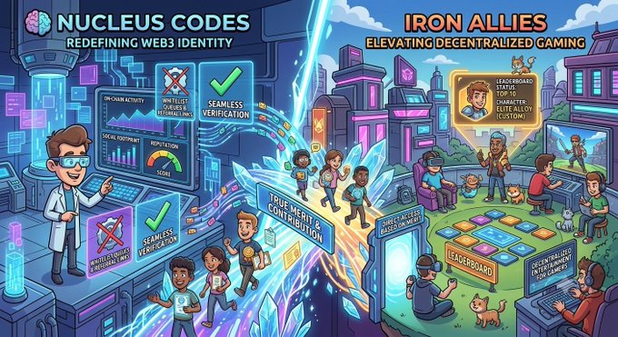 A colorful promotional illustration comparing two products: 'NUCLEUS CODES - REDEFINING WEB3 IDENTITY' featuring seamless verification features, and 'IRON ALLIES - ELEVATING DECENTRALIZED GAMING' showcasing leaderboard statistics and customization.