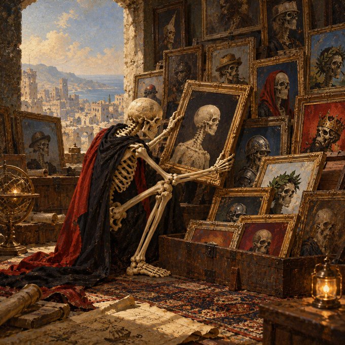 A dark, gothic painting depicts a skeleton wearing a red cape examining a framed portrait in a room filled with paintings of skulls, with a distant landscape visible through a window.