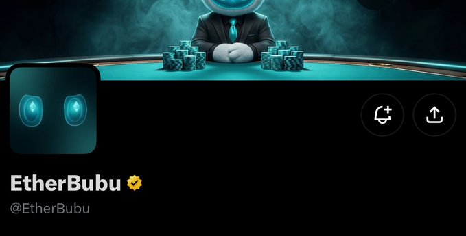 The image shows the X (Twitter) profile of "EtherBubu" (@EtherBubu) featuring a banner with a cartoon character in a suit at a poker table stacked with teal chip piles, with a profile picture displaying two glowing teal "B" icons. The post announces a collaboration to launch a collection of treasure chests containing $BUBU tokens on Robinhood Chain, with the chest imagery in the banner directly representing the upcoming chest-based token distribution.