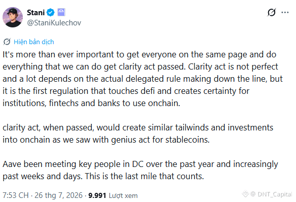 A tweet from Stani (@StaniKulechov) discussing the importance of the Clarity Act for DeFi regulation, comparing its potential impact to the Genius Act for stablecoins.