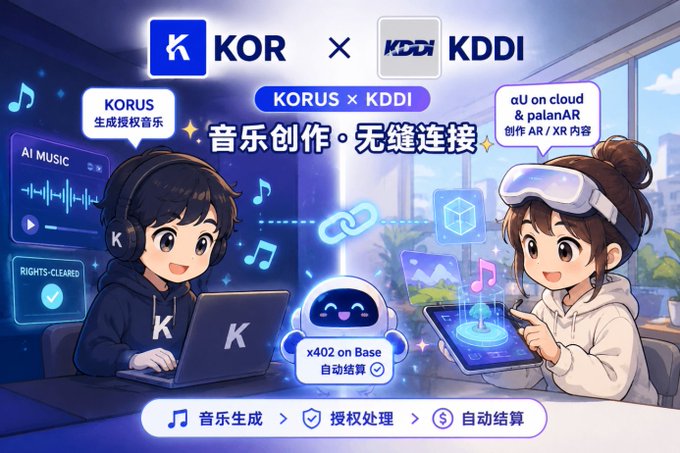 An anime-style illustration showing a collaboration between KORUS and KDDI platforms, featuring cartoon characters with VR headsets and laptops, with Chinese text about music creation and AR/XR content.