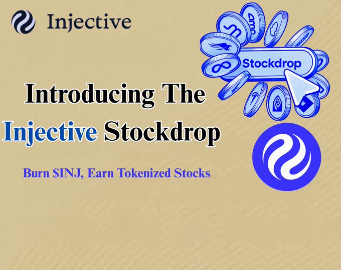 A promotional graphic for 'Injective Stockdrop' featuring the Injective logo and blue coin illustrations, with text 'Burn $INJ, Earn Tokenized Stocks'.