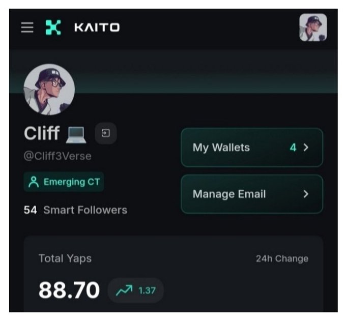 The image shows a screenshot of a social media app called Kaito, which displays information about the user's profile and their followers. The app has a green background with white text that provides details about the user's account, such as their name, age, and the number of followers they have. There is also an option to buy followers for $1.7 Yaps or get them for free. The post suggests that there are deals available on Kaito, possibly related to buying followers or gaining more engagement from the app's users.