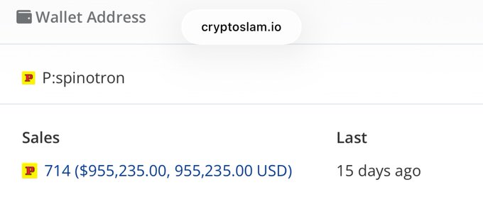 A screenshot showing wallet details for 'cryptoslam.io' with a profile link 'P:spinotron' and sales data reading '714 ($955,235.00, 955,235.00 USD) Last 15 days ago'.