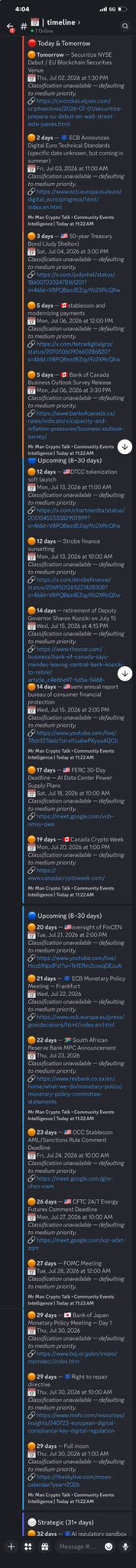 A mobile calendar screenshot showing a packed July schedule of "My Man Crypto" community events, including Coinbase AI Partnership, 3iQ Research on FinCEN and AI Regulatory, and "My Man Crypto Talk" livestreams. The post comments highlight that July is busy and tease an even more packed August schedule.