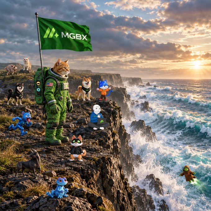 Surreal digital artwork showing a tabby cat in a green spacesuit planting a green "MGBX" flag on a rocky cliff, surrounded by various cartoon cats, dogs, and a Shiba Inu overlooking crashing ocean waves at sunset.