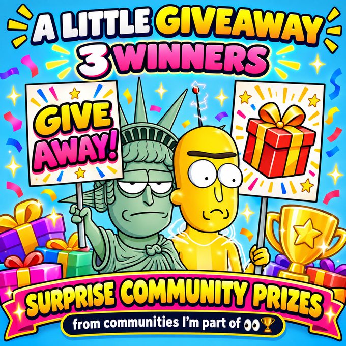 A colorful graphic announcing 'A LITTLE GIVEAWAY 3 WINNERS' with 'SURPRISE COMMUNITY PRIZES from communities I'm part of', featuring cartoon characters resembling the Statue of Liberty and Homer Simpson holding a 'GIVE AWAY!' sign and a gift.