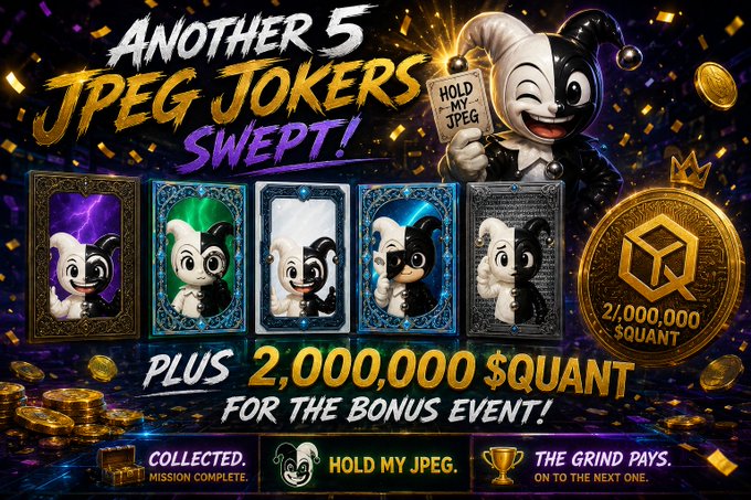 A promotional graphic reading 'ANOTHER 5 JPEG JOKERS SWEPT!' and 'PLUS 2,000,000 $QUANT FOR THE BONUS EVENT!', featuring jester characters, playing cards, and a gold coin.