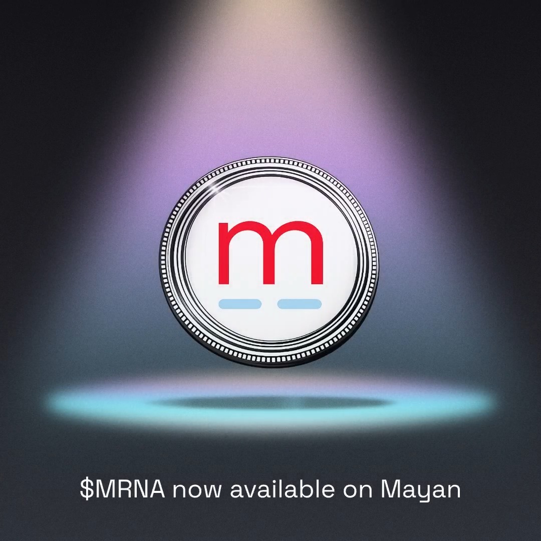 A coin featuring a stylized red "m" logo is illuminated by a spotlight against a dark background, with text reading "$MRNA now available on Mayan" displayed at the bottom. The image visually represents the announcement that Moderna's $MRNA token is now accessible for 24/7 trading on the Mayan platform, aligning with the post's news about the token's new availability.