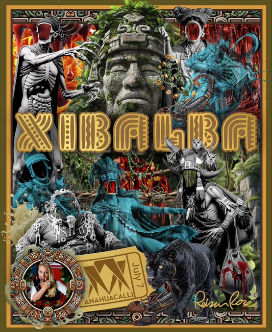 A vibrant, dense collage poster featuring Mesoamerican imagery including a stone Olmec head, a black panther, skeletal figures, and stylized text spelling 'XIBALBA' with 'ANAHUACALLI' and 'JULY' visible.