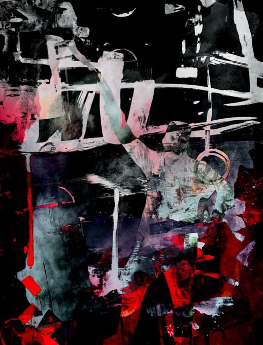 An abstract mixed-media artwork features chaotic black brushstrokes, paint splatters, and dripping elements in black, white, pink, and red tones across a dark background.