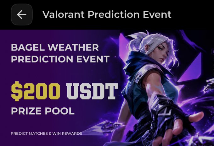 A Valorant Prediction Event promotional banner featuring the character Jett, advertising a 'Bagel Weather Prediction Event' with a $200 USDT prize pool.