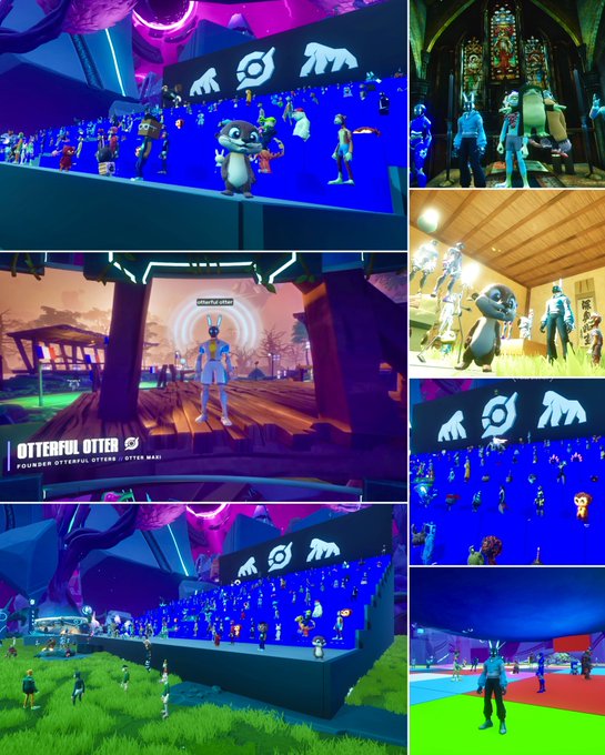 A collage of screenshots shows avatars interacting in a virtual Otterful Otter event with NFT displays and various 3D environments.