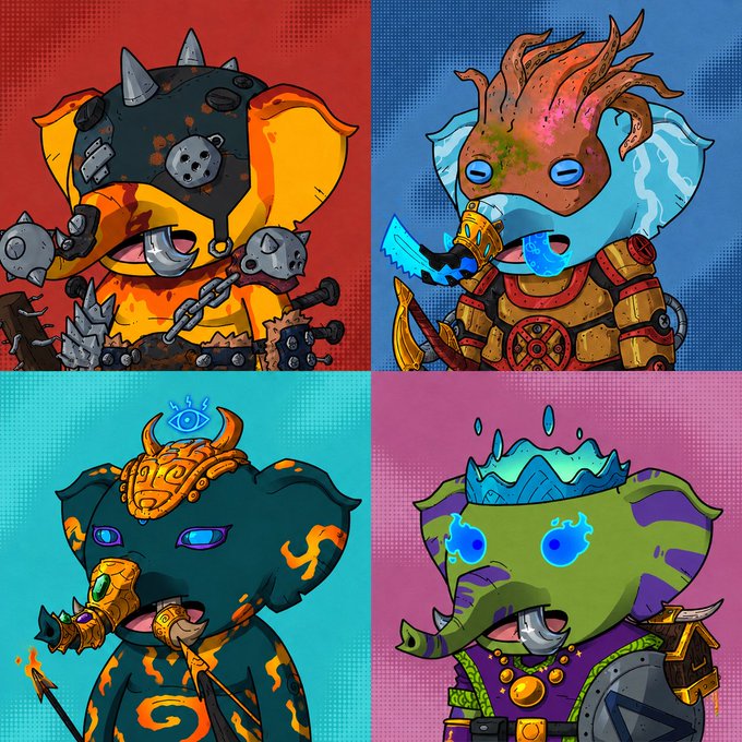 Four cartoon-style NFT characters are displayed in a grid: an orange tiger-like creature with metal armor on red, a blue elephant-warrior on dark blue, a dark blue elephant with fire motifs on cyan, and a green elephant-warrior on pink.