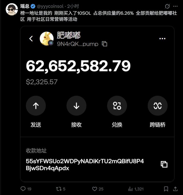 The image shows a Twitter/X post by user "瑶总" (@yyycoinsol) displaying a wallet screenshot for "肥嘟嘟" with a balance of 62,652,582.79 SOL (~$2,325.57) and the address "9N4rQK...pump", along with the Chinese text claiming to have just bought 10 SOL representing 6.26% of supply to contribute to the Pudgy community fund. The post serves as proof of contribution to the community fund that will provide airdrops for the Pudgy Community First Wave Interactive Mini-Event, where participants can earn between 10,000–100,000 tokens by creating Pudgy memes.