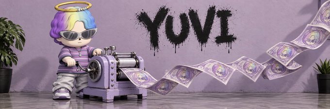 A stylized 3D render of an angel figurine with rainbow hair and sunglasses operating a money printing press, with the name 'YUVI' spray-painted in black on a purple wall.
