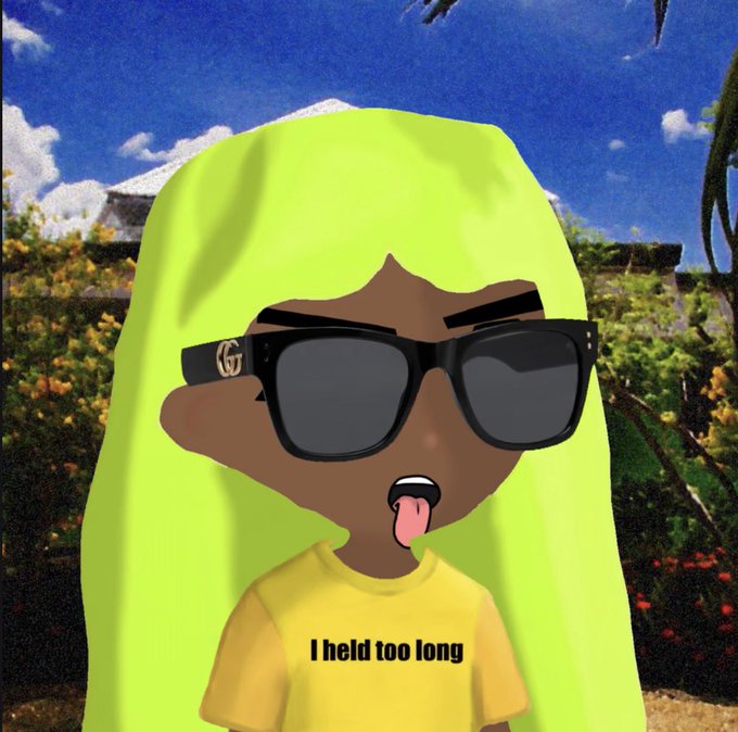 An animated character with neon yellow hair, black Gucci sunglasses, and a yellow t-shirt that reads "I held too long" sticks out her tongue.
